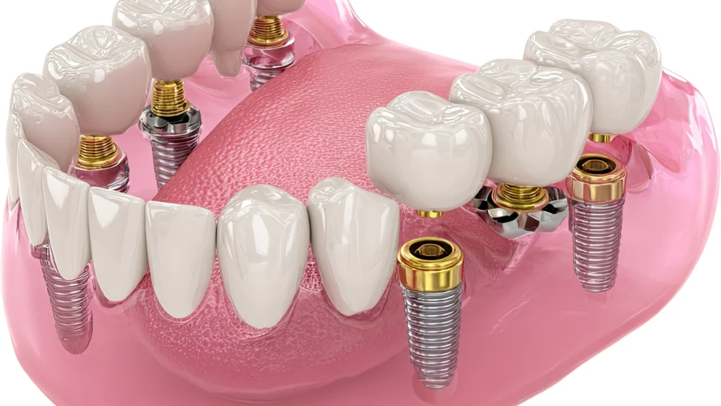 kocaeli-implant-fiyatları - Marjinal Dent - İzmit ve Kocaeli Diş Kliniği Close-up of a Lower Jaw Model with Multiple Dental Implants and Gold Abutments Embedded in Pink Gum Tissue. - Marjinal Dent - İzmit Ve Kocaeli Diş Kliniği